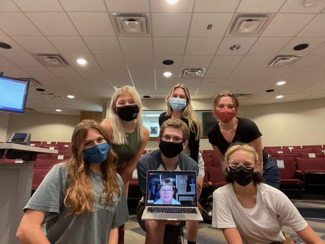 Front row, left to right: Claire Schiopota, Eric Boll, adviser Nerissa Young (on computer screen) and Isabel Nissley. Back row, left to right: Kayla Bennett, Helen Widman and Sophie Young