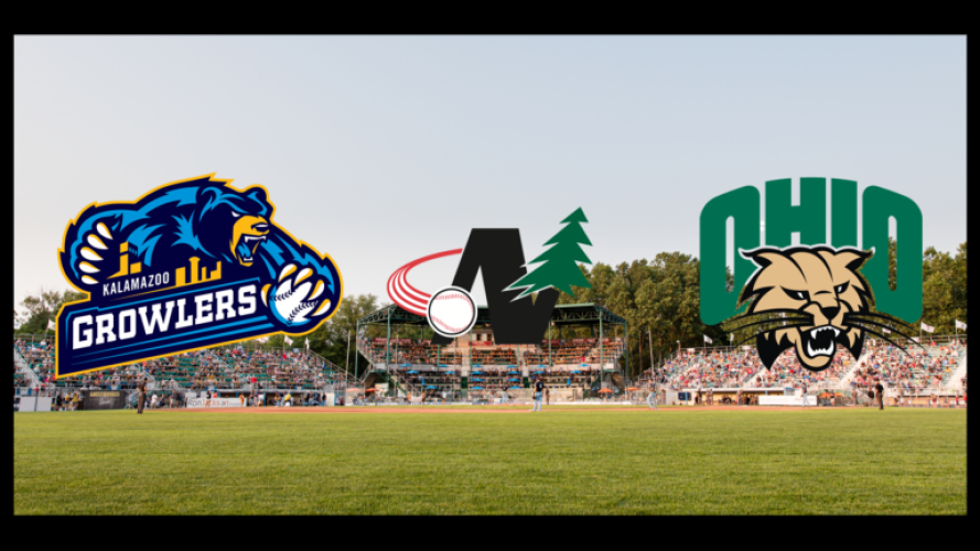 Baseball field with logo overlays of Kalamazoo Growlers and OHIO Bobcats