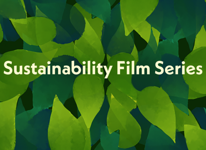 A pile of dark green and light green leaves, with the text "Sustainability Film Series" appearing on top