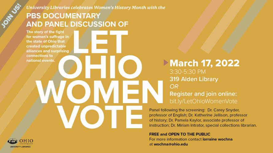 A graphic design for the “Let Ohio Women Vote”  screening and panel discussion