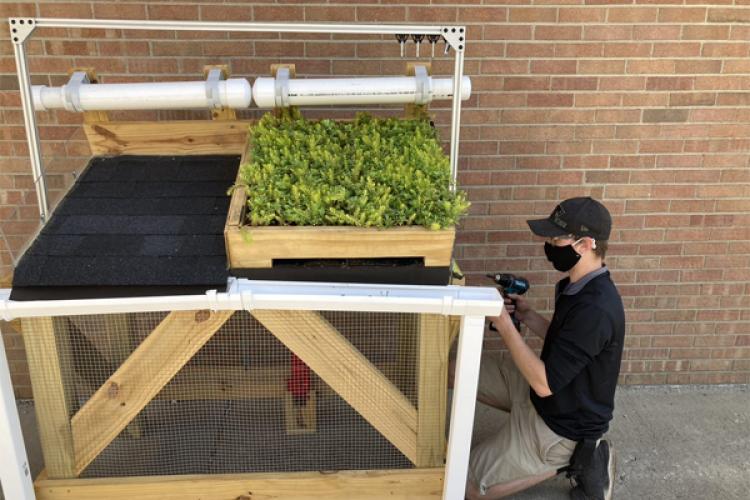 Joel Compston is shown putting the finishing touches on a model of a green roof project