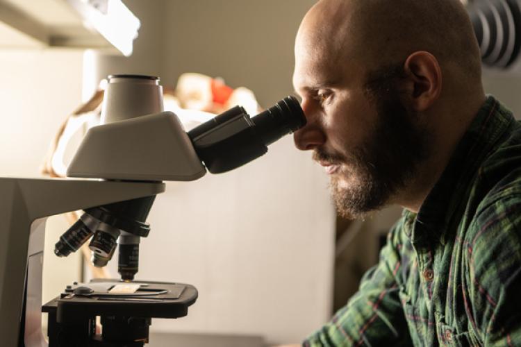 Riley Sombathy is shown looking into a microscope