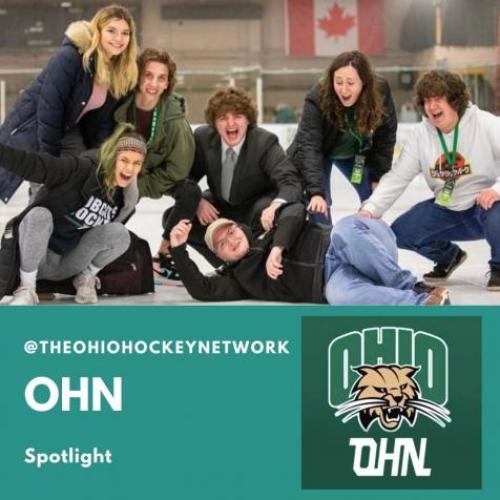 The 2020- 2021 Ohio Network Hockey team posing at the Bird Arena after broadcasting a hockey game.