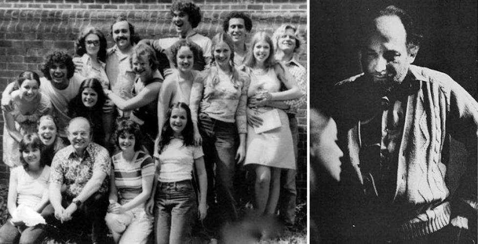 Robert "Bob" Hobbs pictured in the front row of a group picture of the M.F.A. theater class of 1975