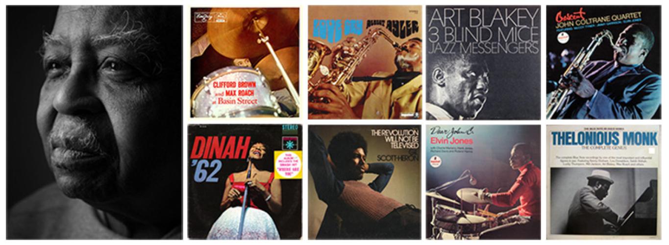 Image of Chuck Stewart followed by eight album covers arranged in a grid pattern