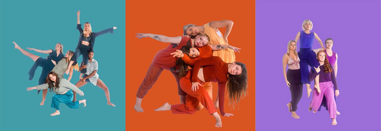 Three groupings of dancers pose against various colors