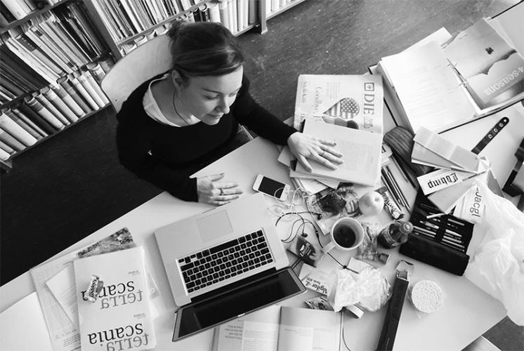 black and white photo of Designer Nadine Bitterli from overhead.