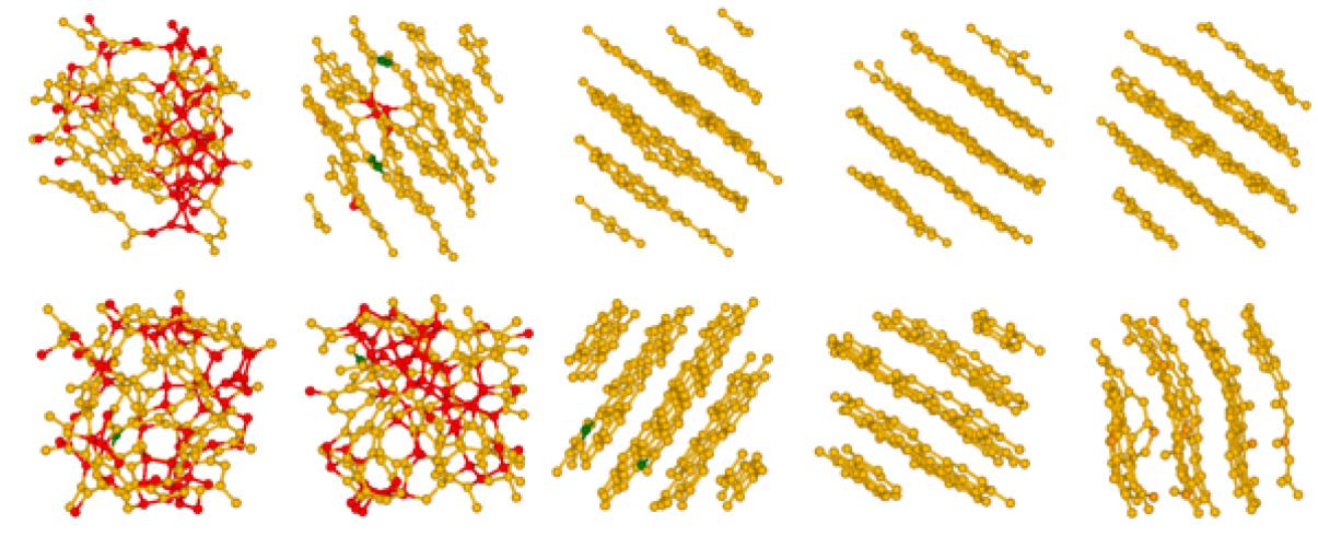 Time series (left to right) showing two examples of how the random carbons in the artificial “coal” coalesce into graphite-like sheets under pressure and heat. The sheets aren’t perfectly flat because of the formation of a small number of five- and seven-member rings among the six-member rings.