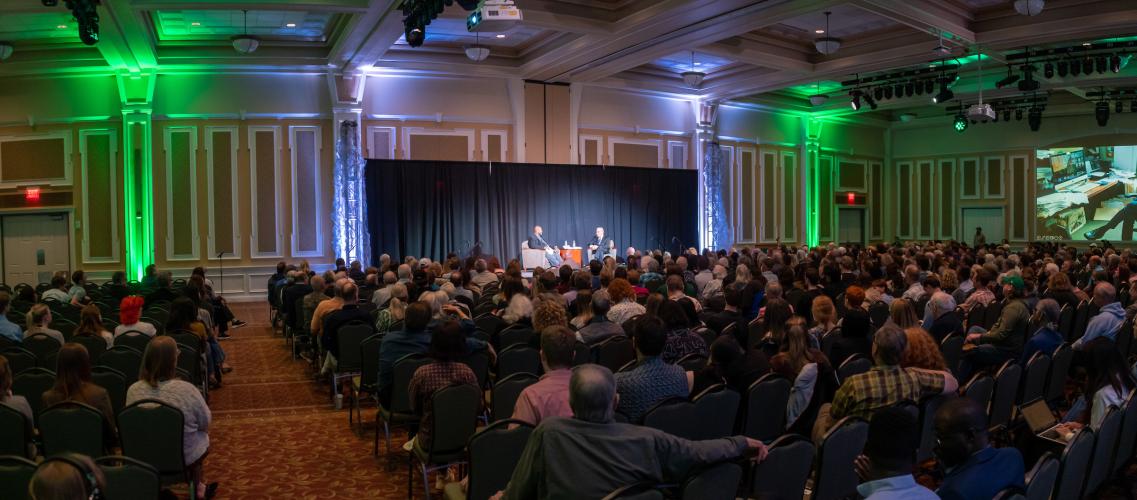 Bob Woodward is shown speaking in the Baker University Center Ballroom