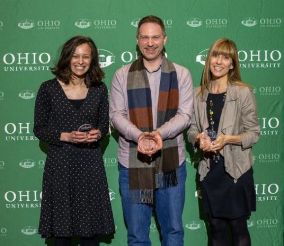 Left to right: Jacqueline Yahn, Tony Vinci and Christi Camper Moore received the University Professor award at the 2022 Faculty Awards Reception and Ceremony on Tuesday, March 29.