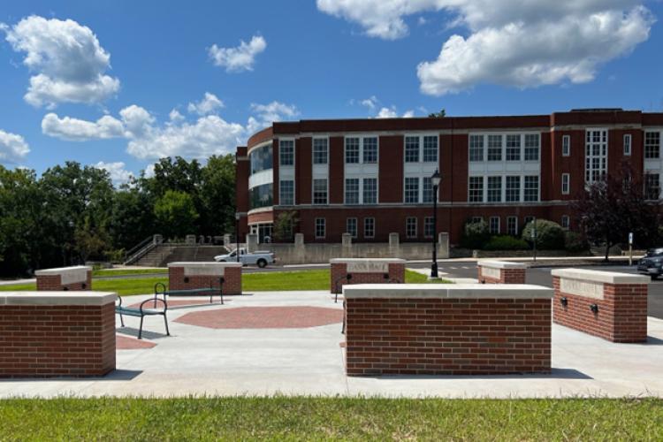 The east side of Gordy Hall, viewed from the new green heart of campus where the old Scott Quad used to be.