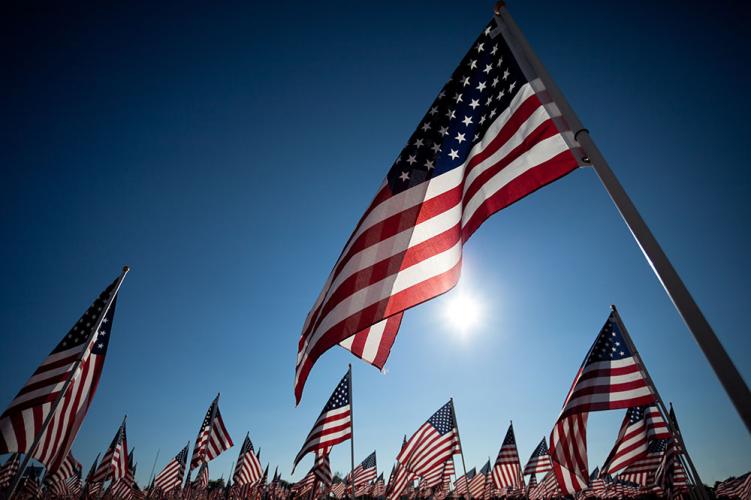 A series of American flags planted in the ground are framed by a blue sky and bright sun