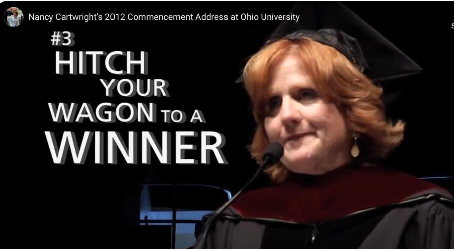 Screenshot of Nancy Cartwright's commencement speech at Ohio University, with the text "Hitch your Wagon to a Winner"