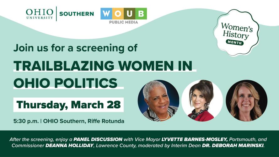 Join us for a screening of Trailblazing Women in Ohio Politics, Thursday, March 28, 5:30 p.m. - OHIO Southern, Riffe Rotunda