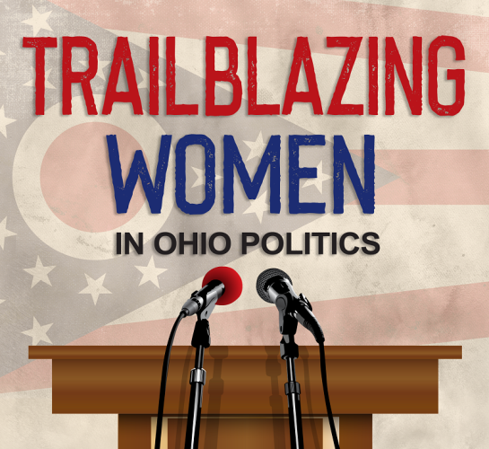 Trailblazing Women graphic with microphones and a podium