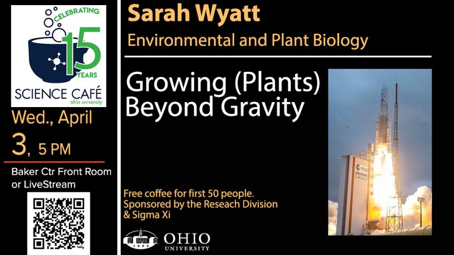 A graphic of Ohio University's Science Cafe event that will feature Dr. Sarah Wyatt on April 3