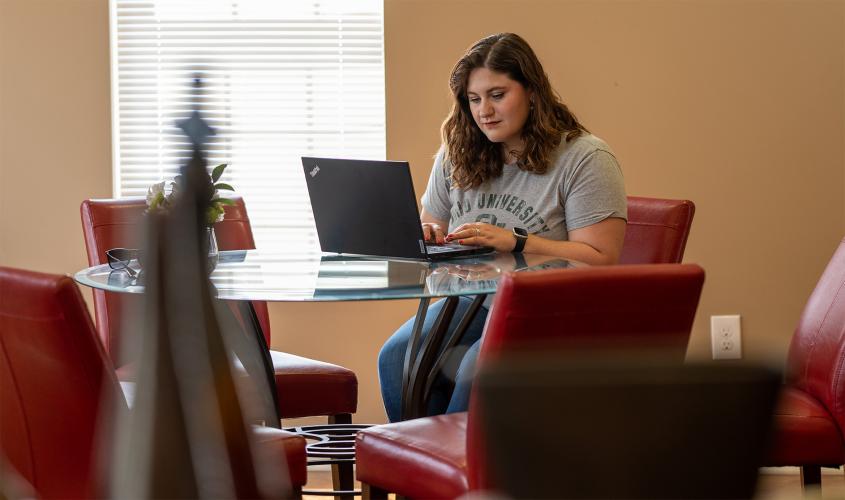 An OHIO Online student at a kitchen table working to earn their master's in English. 