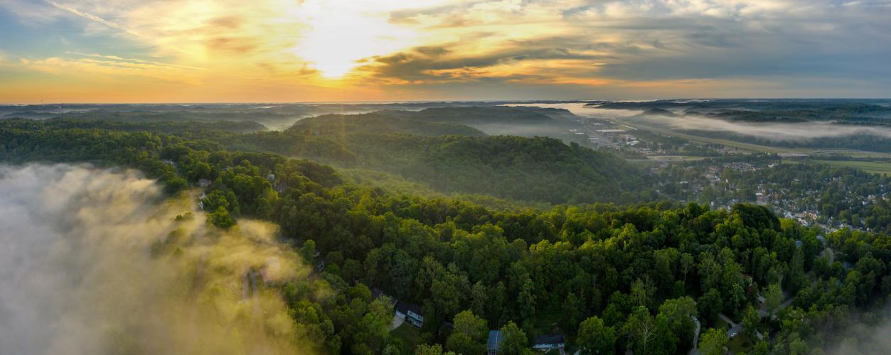 The sun rises over Athens, OH.