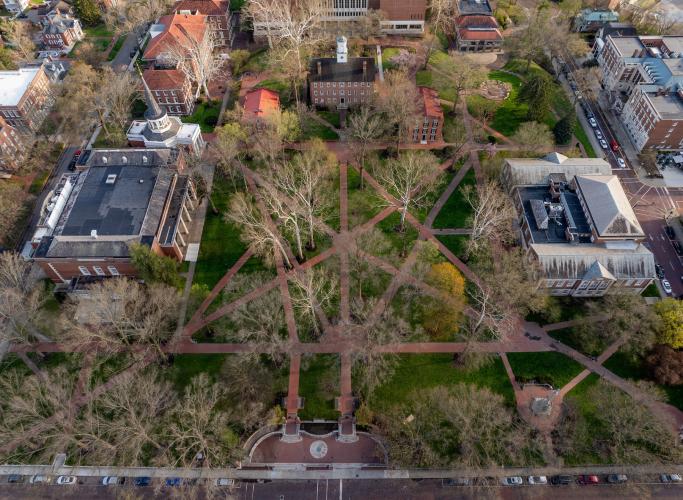 A phot of the College Green taken from a drone