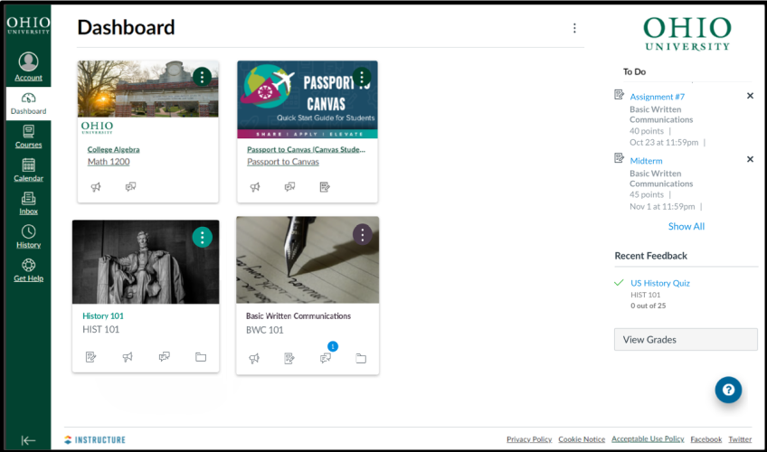A screenshot of the Canvas dashboard