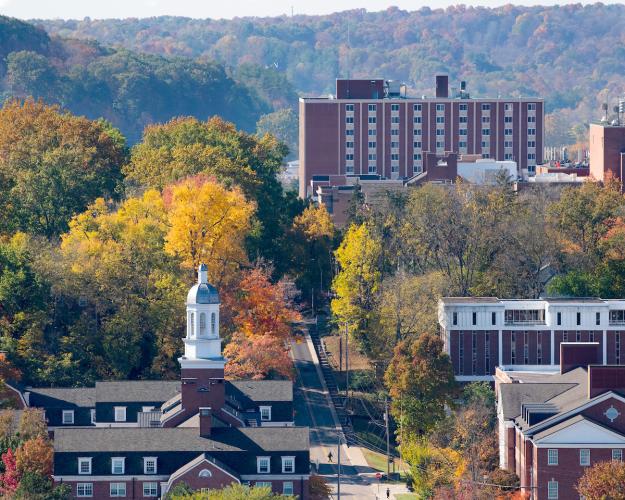 Bromley Hall and Athens, Ohio is shown on a fall day