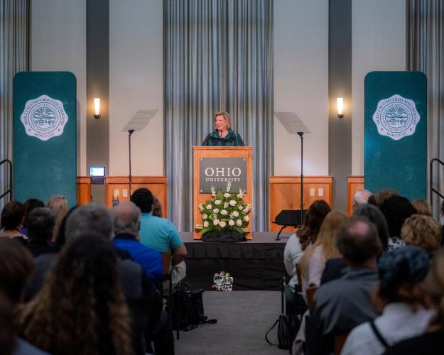 President Lori Stewart Gonzalez gives the State of the University address in Walter Hall