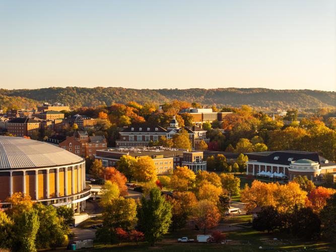 An aerial image Ohio University's Athens campus on a fall day