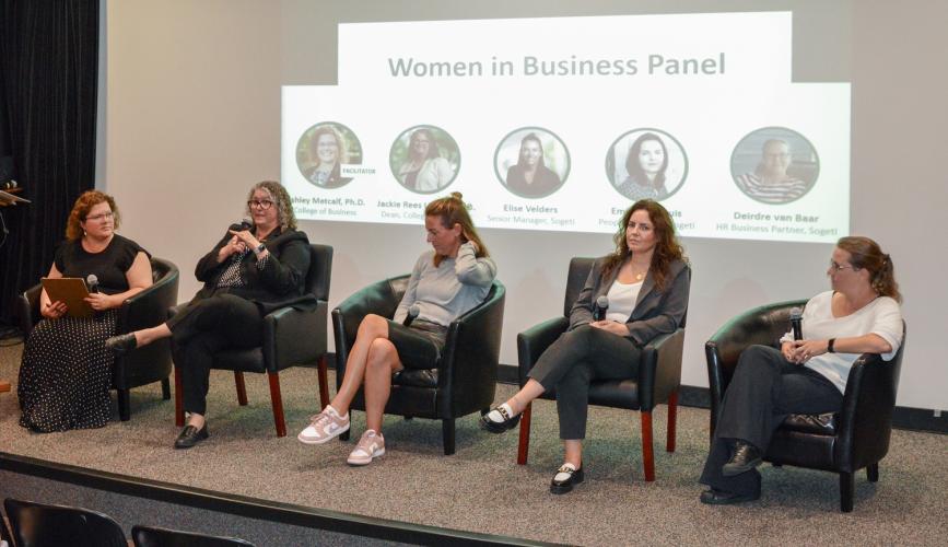 College of Business Dean Jackie Rees Ulmer speaks while the other panelists listen at the Women in Business Panel Discussion