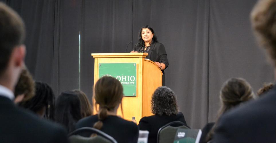 Dimple Dhabalia gives her presentation at the Raymond A. Lancaster Executive Leadership Speaker Series.