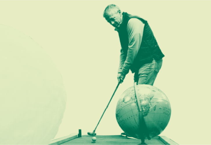 A graphic image showing a man playing putt-putt golf and there is a globe at the hole.