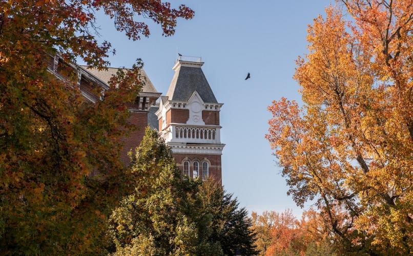 A large bird flies over a building and colorful Fall trees at The Ridges at Ohio University