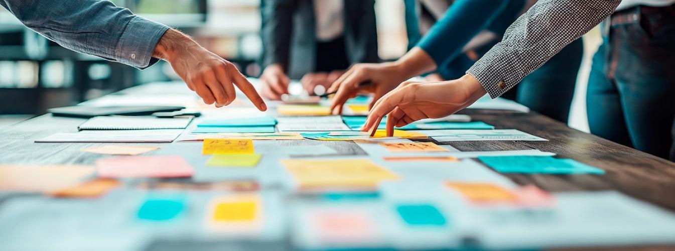 Individuals point at posted notes that are spread out on a table