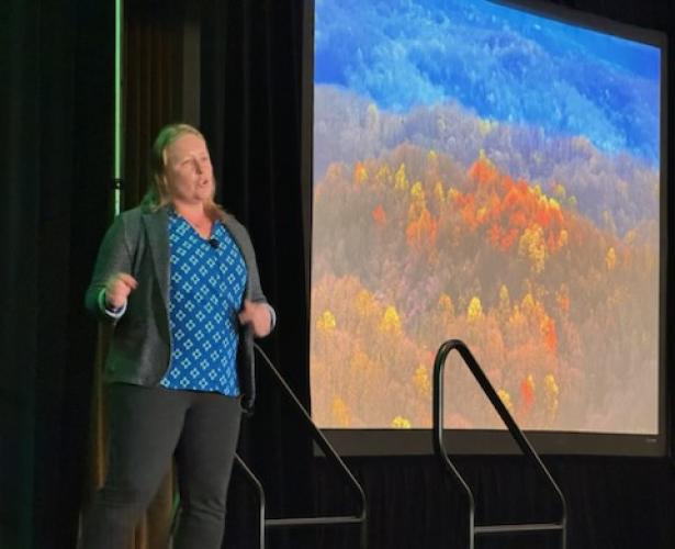 A speaker gives a presentation at the Summit on Sustainability