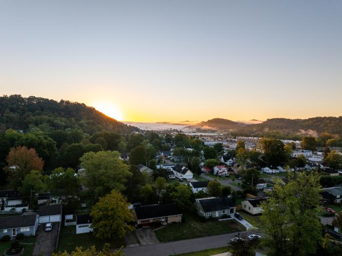 An aerial image of Athens, Ohio early in the morning