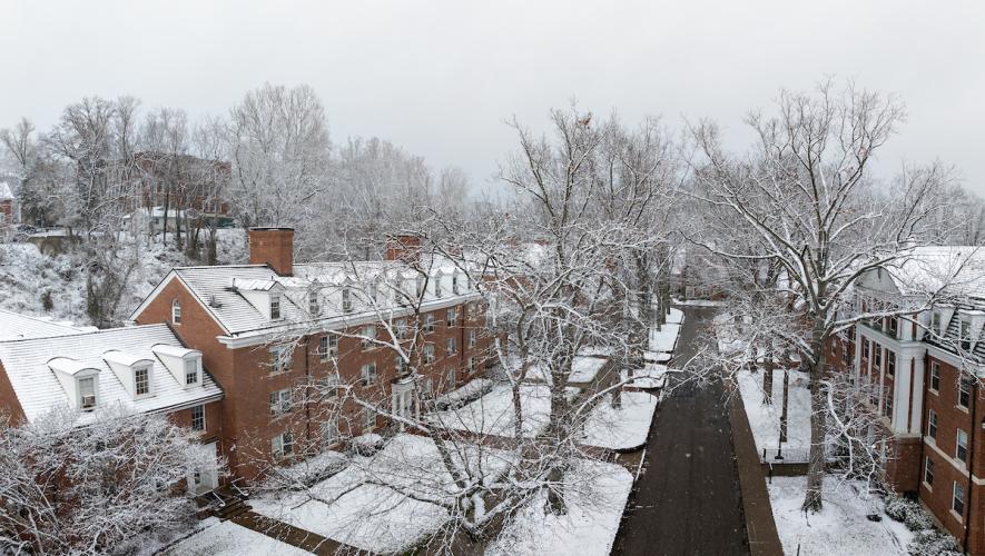 Ohio University's Athens Campus is shown on January day with snow in the trees, on the ground and covering several residence halls
