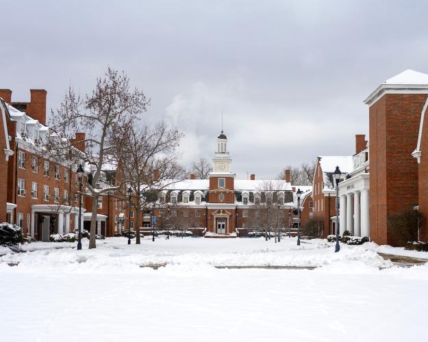 The West Green at Ohio University is covered in snow on a January day