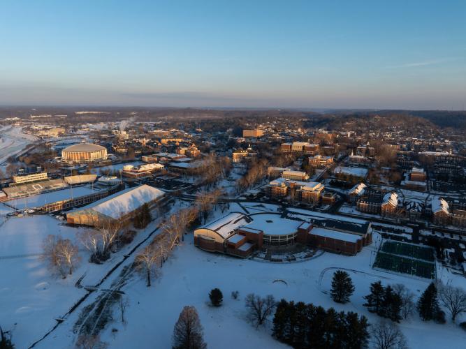 The OHIO campus is shown covered in snow at sunrise in this aerial image