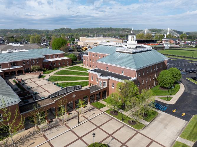 The OHIO Southern Campus with the community behind it, including the bridge over the Ohio River
