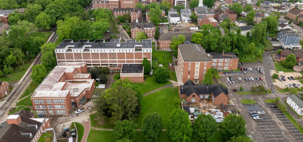 An aerial image of Seigfred Hall, Glidden Hall, Putnam Hall and the buildings around them