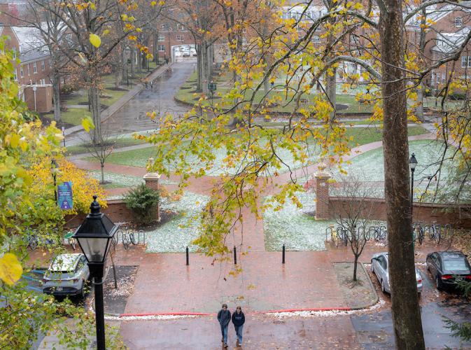 A view of the Athens campus at Ohio University in the spring on a rainy day