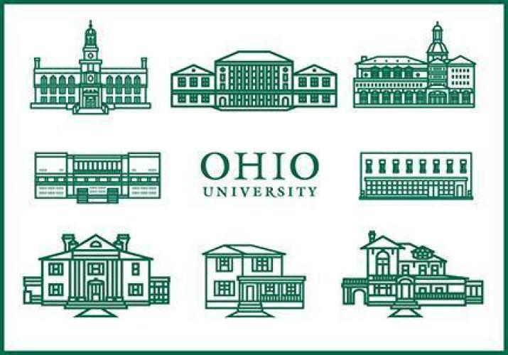 The designs of OHIO buildings for OHIO cards, along with the words Ohio University