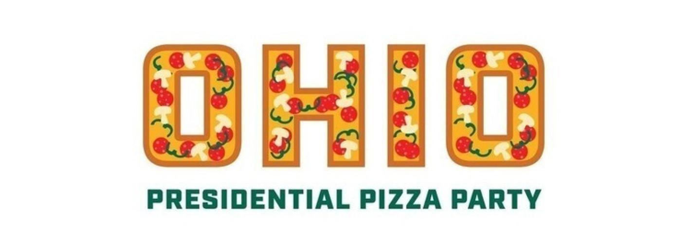 OHIO Presidential Pizza Party text with a pizza pattern.
