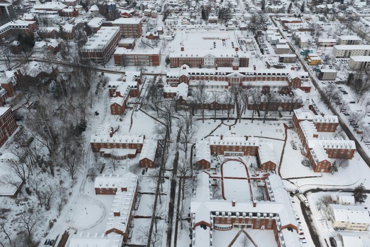 The OHIO Campus is shown covered in snow in this image from above
