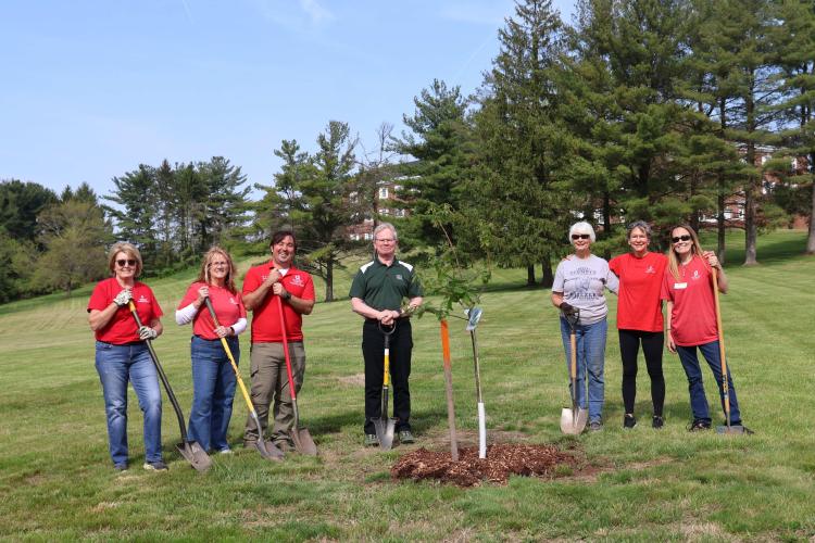 A photo of 7 individuals who are holding shovels, standing next to a freshly planted white oak tree on the Ohio Univeristy Eastern campus.