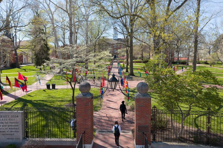 College Green is covered with international flags, while the trees are green and white on a spring day, in this image taken above from a drone