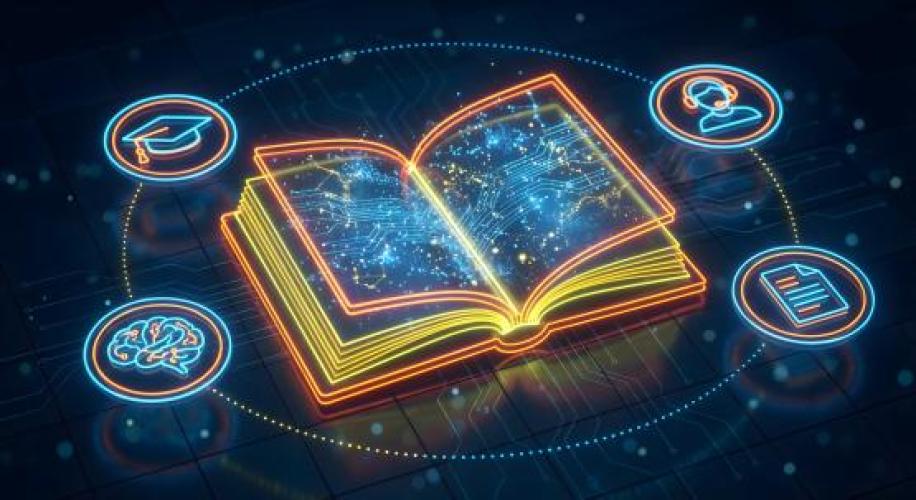 A graphic image of a book surrounded by images of a brain, graduation cap, person and paper
