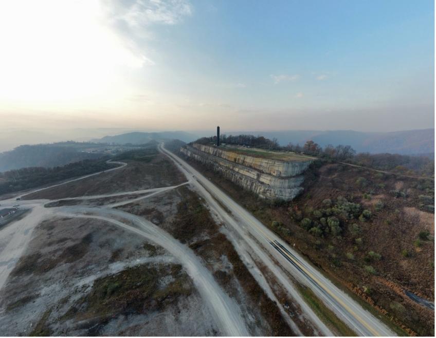 A drone photograph of a mined landscape