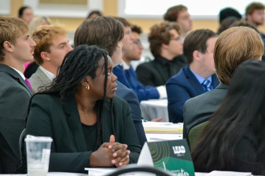 Audience members listen to the speaker at the Raymond A. Lancaster Executive Leadership Speaker Series event in the Baker Ballroom