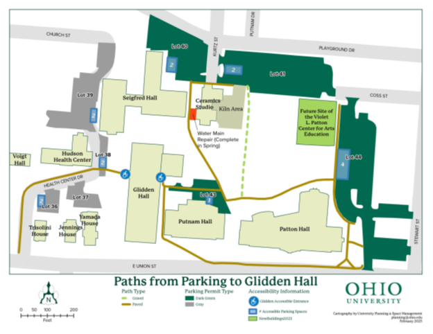 A map that shows parking  and transportation areas near Seigfred Hall and Glidden Hall