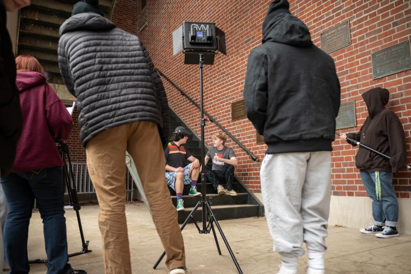 Students on set for a short film